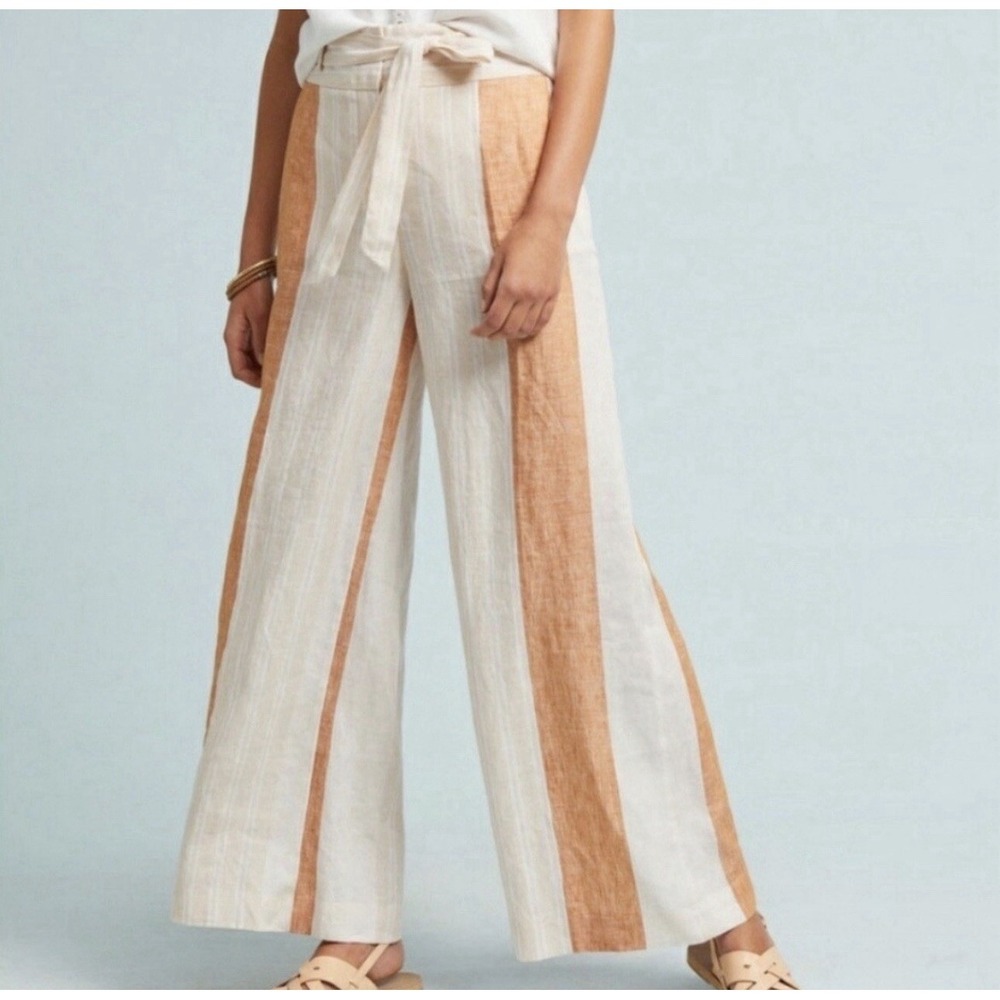 Anthropologie Wide-Leg Striped Linen Pants in Cream and Tan